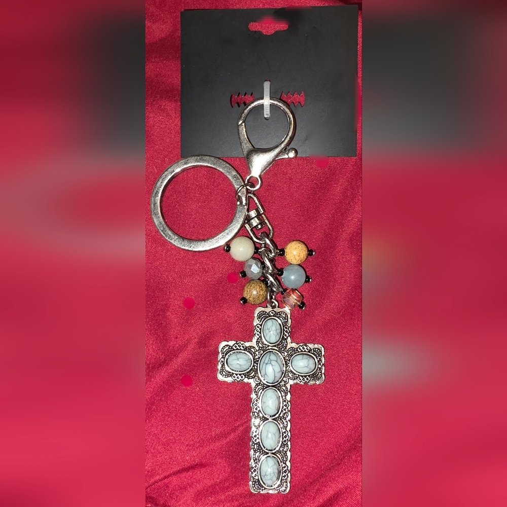Silver Cross Keychain with Beads - Picture 2 of 4
